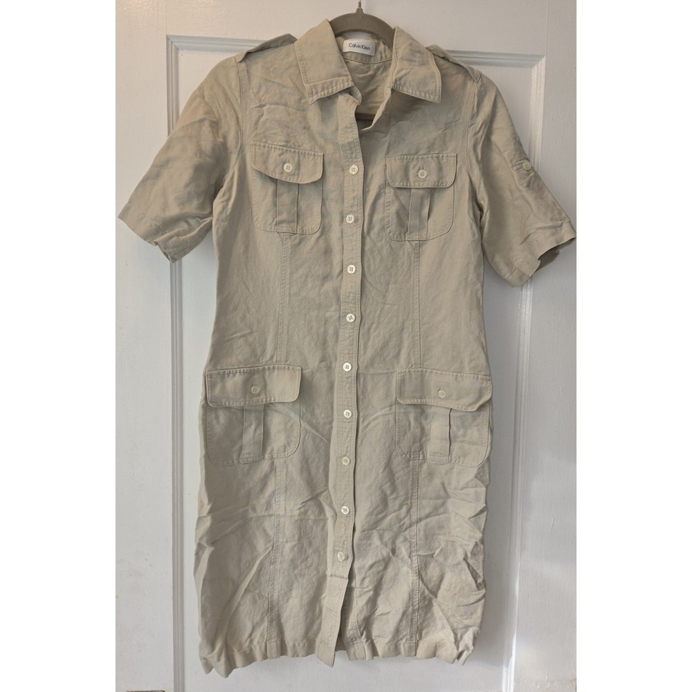 Calvin Klein Khaki Utility Cargo Shirt Dress. Pockets. Button Sleeves. 4
